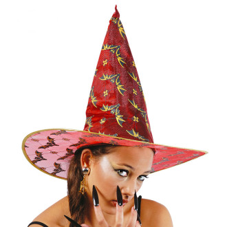 Klobúky , čiapky , čelenky - Čarodejnícky klobúk červený s netopiermi