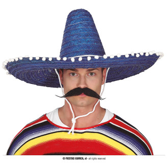 Klobúky , čiapky , čelenky - Mexický klobúk 60 cm s pomponmy modrý