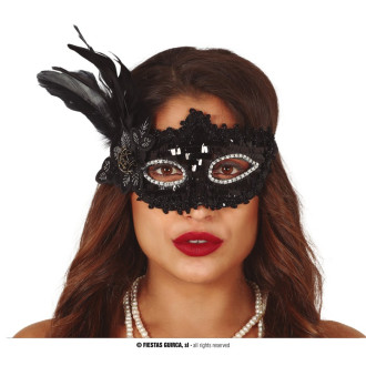 Masky, škrabošky - Čierna flitrová maska s perím