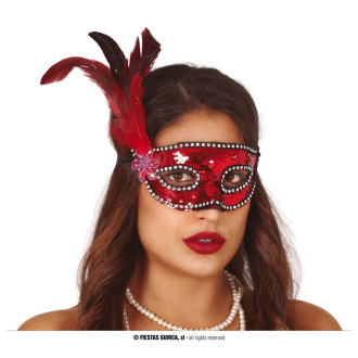 Masky, škrabošky - Červená flitrové maska s perím
