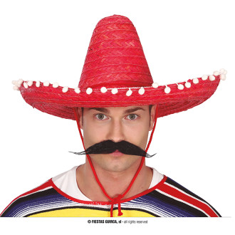 Klobúky , čiapky , čelenky - Mexický klobúk 50 cm s pomponmi červený