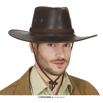 Klobúky , čiapky , čelenky - Hnedý kovbojský klobúk koženého vzhľadu