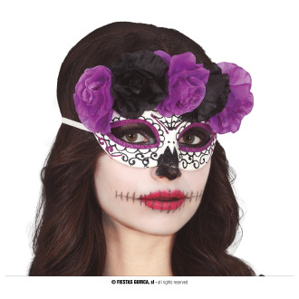 Masky, škrabošky - Maska catrina čiernofialová s kvetmi