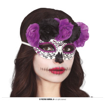 Maska catrina čiernofialová s kvetmi